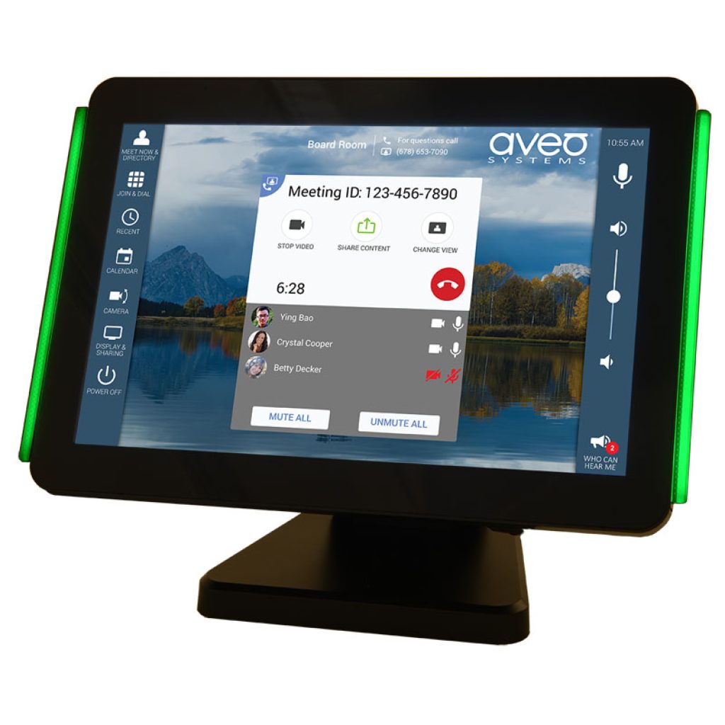 Mira Connect 10 with tabletop stand and LED bars is a touchscreen control system for controlling audio-visual systems.